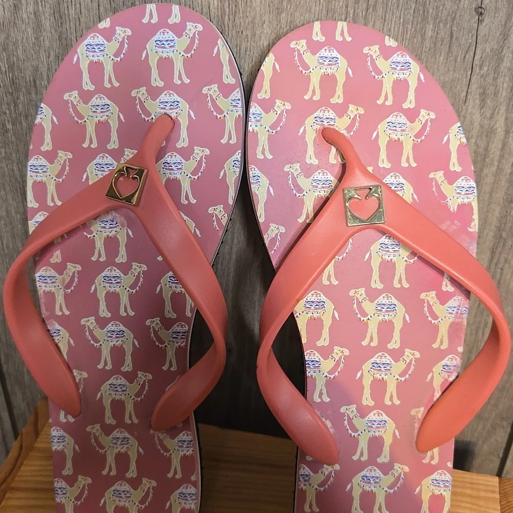 Kate Spade Pink Flip Flops with camel Print
